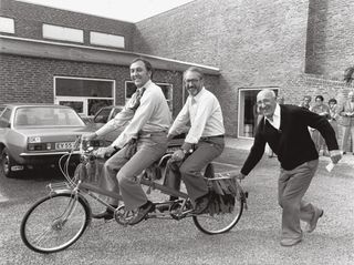 Kvadrat's founders, Poul Byriel and Erling Rasmussen with a fabric-themed tandem bicycle