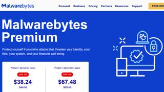 Website screenshot for Malwarebytes showing multiple discounted offers for the premium service.