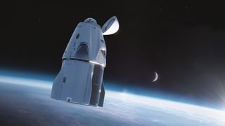 In this artist's visualization, you can see SpaceX's Crew Dragon spacecraft modified with a cupola observation window for the upcoming Inspiration4 mission.
