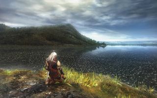 Geralt kneeling at a river in the witcher