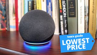 Amazon echo dot 4th gen on a bookshelf with a Tom&#039;s Guide deal tag