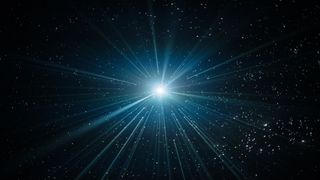 Artistic depiction of light beams coming out of stars against a dark background.