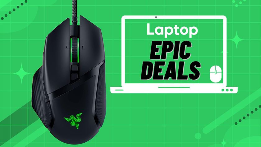 A black Razer Basilisk V3 gaming mouse beside a Laptop Mag deals icon in front of an abstract green background