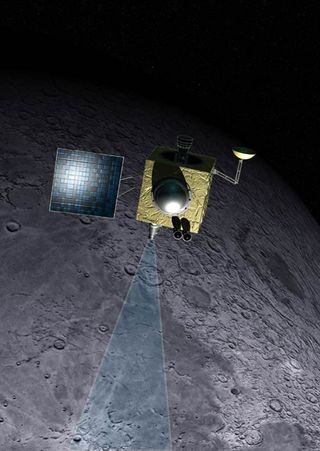 An artist's illustration of India's Chandrayaan-1 lunar spacecraft orbiting the moon.