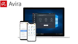Avira antivirus med åben menu på bærbar og på to mobiler
