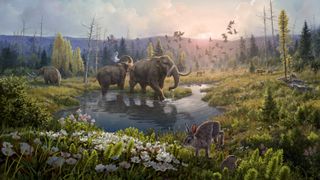 An artists impression of the newly discovered ecosystem in Greenland as it might have looked 2 million years ago. DNA samples show that reindeer, hared, birds and elephant-like creatures called mastodons once roamed the area. The climate was likely much warmer than it is today.