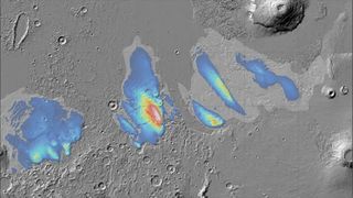 This map shows the estimated amount of ice within the mounds that form the Medusae Fossae Formation (MFF) consists of a series of wind-sculpted deposits measuring hundreds of kilometers across and several kilometers high, indicating that the ice-rich deposits are up to 3000m thick.