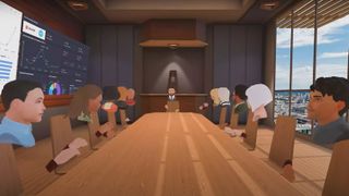 Virtual avatars are seated around a long, rectangular table in a boardroom. Boardroom in VR tool Immersed.