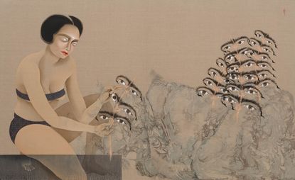 Artwork by Hayv Kahraman, showing woman with white eyes, and abstract sets of eyes on stalks