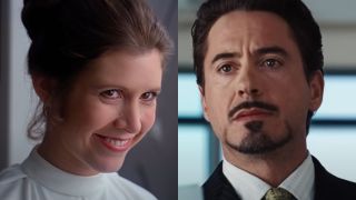 From left to right: Carrie Fisher smiling in Star Wars and Robert Downey Jur. looking seriously in Iron Man.