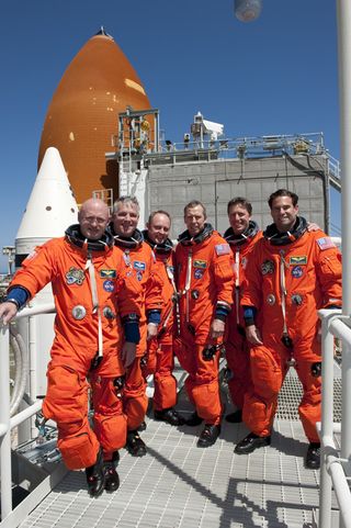 The astronauts of STS-134 came to Kennedy Space Center recently for countdown rehearsal. The real countdown for Space shuttle Endeavour is scheduled for Friday afternoon, April 29, 2011. From left, the astronauts are Commander Mark Kelly, Pilot Gregory H.