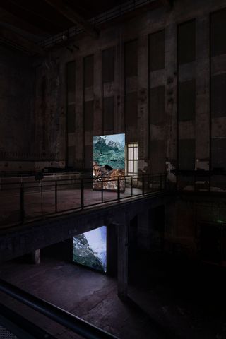 Installation view of Jakob Kudsk Steensen's Berl-Berl at Halle am Berghain, 2021