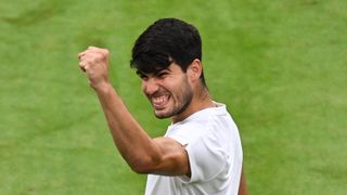 Spain's Carlos Alcaraz celebrates winning his way into the Medvedev vs Alcaraz live stream – Wimbledon 2024 semi-final