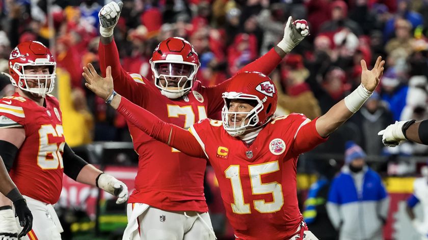 Kansas City Chiefs players celebrate winning the NFL AFC Championship and making it to Super Bowl 2025