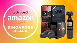 Assortment of tech on pink and yellow gradient background with "Amazon Singapore Deals" text