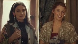 From left to right: Jenny Slate standing in front of a window and Blake Lively smiling while wearing gloves in It Ends With Us.