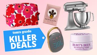 Silos of Marimekko comsetic bag, Nolapera body soap, KitchenAid mixer, JBL Clip 4, and Burt's Bees lip mask on pink background with Killer Deals badge