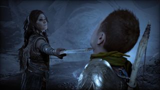 God of War Ragnarok Freya threatens Loki with a sword