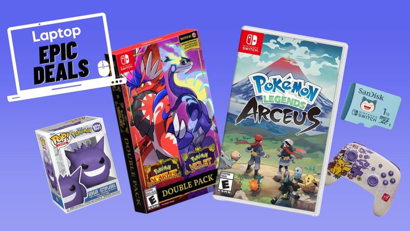 Gengar Funko pop, Scarlet Violet Dual Pack, Pokemon Legends Arceus, PowerA wireless controller, SanDisk 1TB microSD against blue gradient background