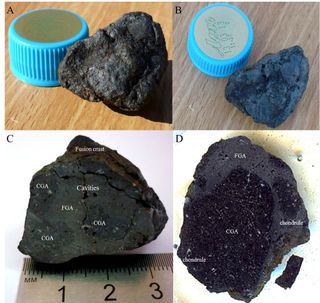 Fragment of Chelyabinsk meteorite, showing the fusion crust -- the result of a previous collision or near miss with another planetary body or with the sun.