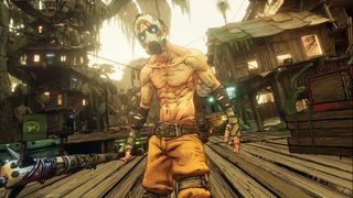 a shirtless person in a white mask clutches a spiked club while standing in a ruined building