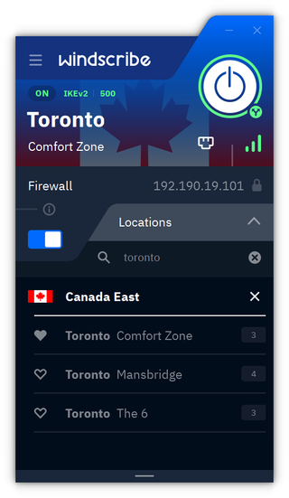 Windscribe VPN app showing server location search function