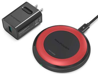 RAVPower Fast Wireless Charger with AC adapter in black and red color