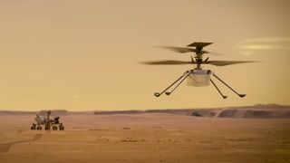 An artist's impression of NASA's Mars helicopter Ingenuity. The "marscopter" will land with the rover Feb. 18 and soon make its first flight, the first powered flight on another world.