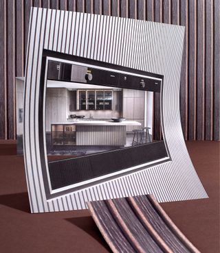 A collage of a kitchen featuring an island with a white kitchen top and a clear class cabinet. 2 black metal round stools