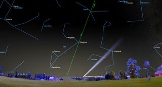 A green line shoots up from a low horizon, through a dark starry sky. Some of the stars are connected with blue lines to show constellations.