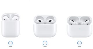 Three pairs of in-ear AirPods side by side in their charging cases on a white background