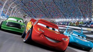 Chip Hicks, Lightning McQueen, and Strip "The King" Weathers race in Cars