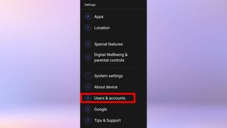 A screenshot of the settings app on an android phone. The "users and accounts" option is highlighted