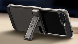 Spigen Tough ARmor Pro for Galaxy Z Flip 6 propped up with kickstand