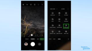 Screenshots from the Galaxy S23 camera app, showing where the hyperlapse mode is located