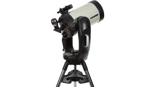 Celestron CPC Deluxe 1100 EdgeHD on a tripod set against a white background