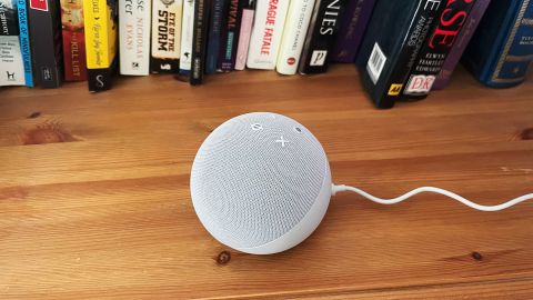 Amazon Echo Dot (5th Generation) on a wooden table in front of books