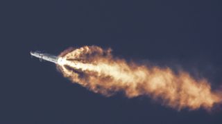 SpaceX's first fully integrated Starship vehicle rises into the South Texas sky on April 20, 2023.