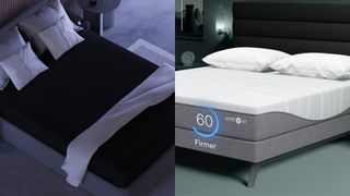 The Eight Sleep Pod 4 Ultra on a mattress (left), and a Sleep Number m7 smart bed (right)