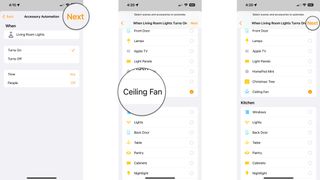 How to create an accessory automation in the Home app on the iPhone by showing steps: Tap Next, Tap a Scene or Accessory, Tap Next.