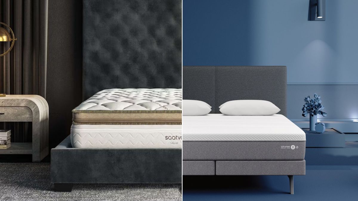 Saatva Solaire vs Sleep Number i8 smart bed. Saatva (left) is gold and white on grey bed frame with gold bedroom accessories. Sleep Number (right) is white and grey on grey bedframe in blue bedroom. 