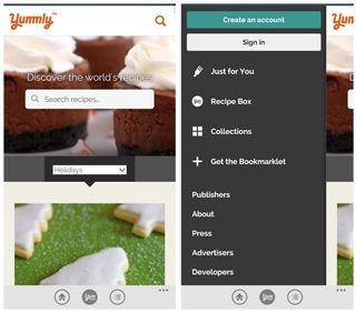 Yummly Recipes Lite Main Page and Menu