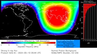 map showing the areas affected by high frequency radio blackouts, the highest frequency radio blackouts are colored red with that region spanning Asia, eastern Europe and eastern Africa.