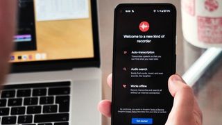 Google Recorder app on a Pixel 4a held in hand