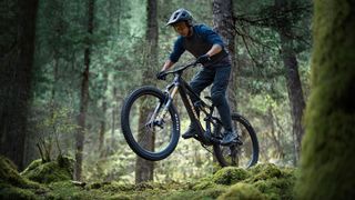 A male mountain biker on the new DJI Amflow PL electric mountain bike riding through a green wooded area