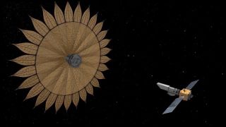 An artist's depiction of a sunflower-shaped starshade that could help space telescopes find and characterize alien planets.
