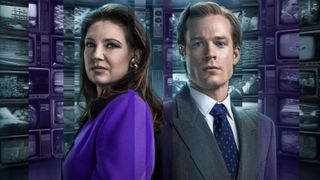 The golden couple of news, Helen (Anna Torv) and Dale (Sam Reid), pose back to back in sharp outfits for Australian TV drama The Newsreader season 2 