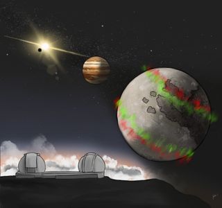 illustrations of two large domed telescopes in the foreground with illustrations of Jupiter and four of its moons in the background