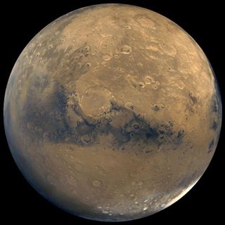 This global view of Mars consists of about 100 Viking Orbiter images. 