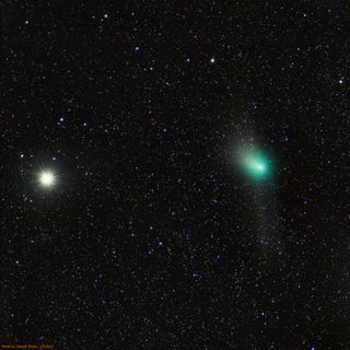 A long-exposure photograph of comet C/2022 E3 (ZTF) near the bright star Capella taken from Jackson, Wisconsin on Feb. 5, 2023.